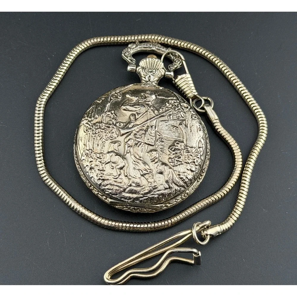 Unitron Quartz Pocket Watch: Silver Tone, Ornate Equestrian Hunter, for Repair